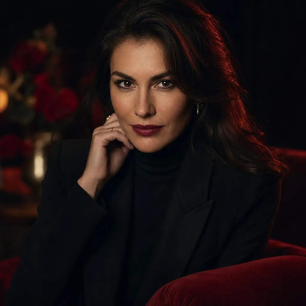 Elegante Frau im schwarzen Blazer in stilvollem, dunklem Ambiente
