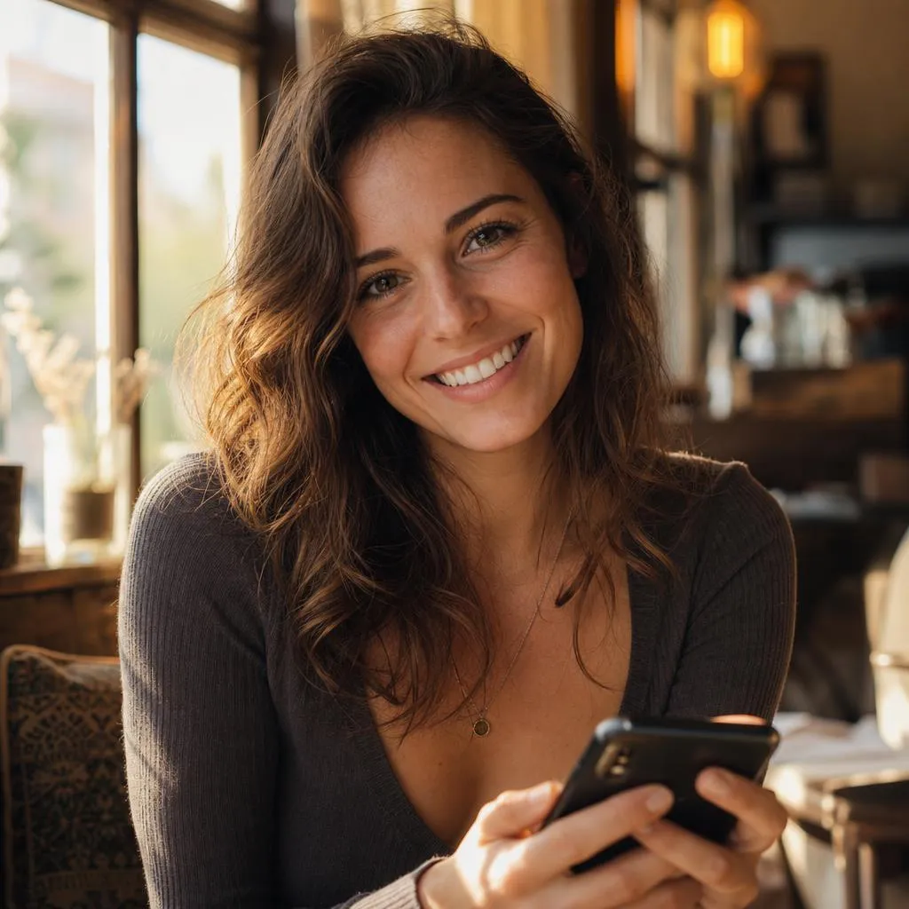 Frau lächelt beim Chatten auf dem Smartphone im Café